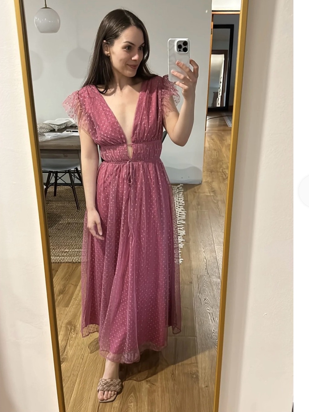 Lulu's Soft Girl Yours Evermore Mauve Swiss Dot Ruffled Midi Dress